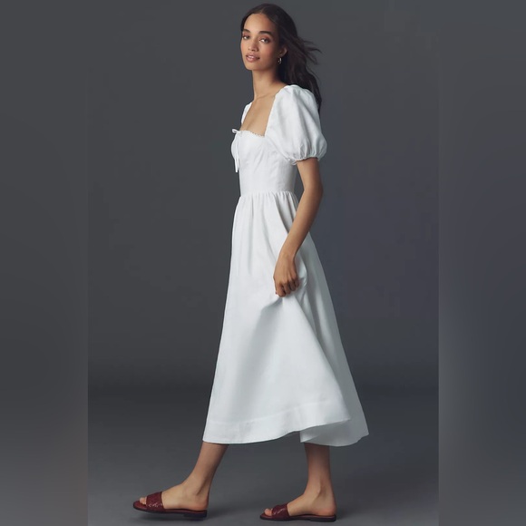 Reformation Marella Linen Puff-Sleeve Dress white 2 - Picture 4 of 10